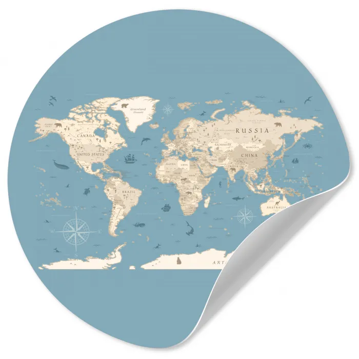 Wereldkaart - Oceaan - Realistisch - Blauw Wandcirkel behangsticker klein -3d