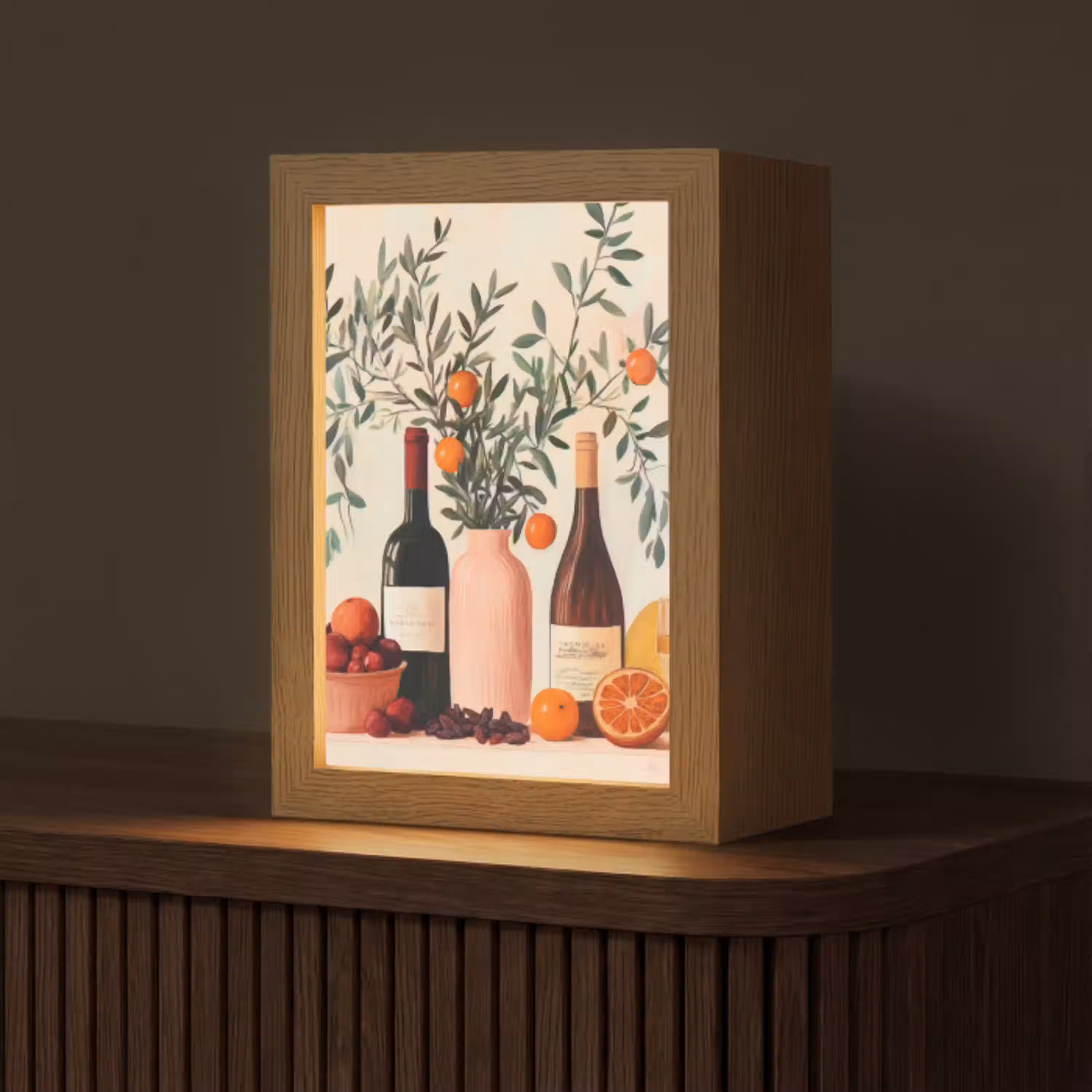 Wijnflessen - Takken - Sinaasappels Light Box met kabel (Tafellamp) klein -z3d_website