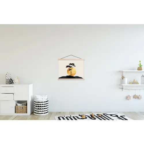 Zwarte boom - Gouden cirkel - Heuvel textielposter latten blank klein -kinderkamer