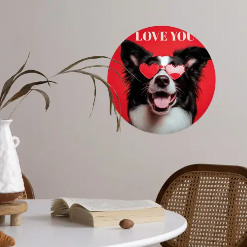 Hond - Hartjesbril - Loveyou - Rood Wandcirkel behangsticker klein -sfeer3
