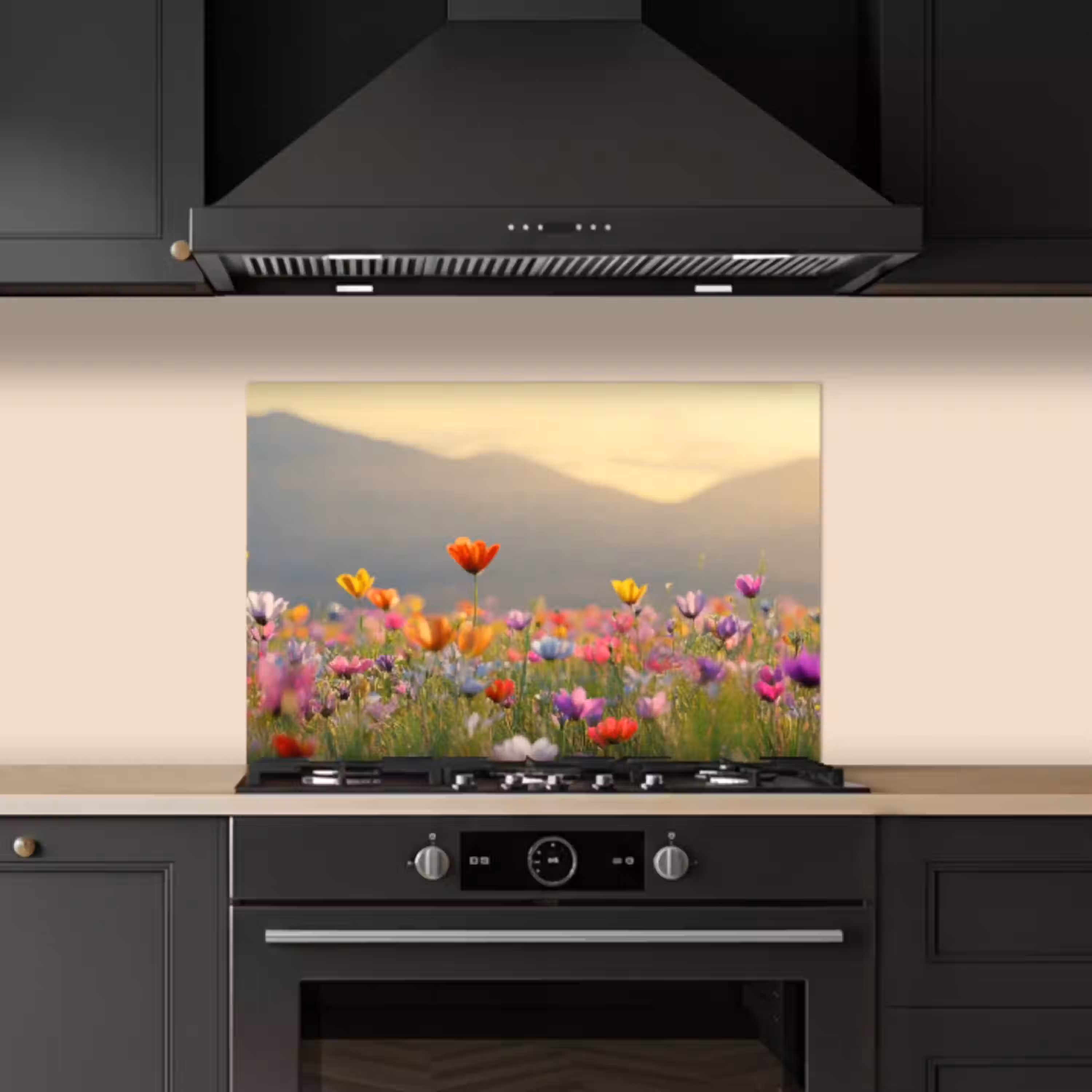 Bloemenveld - Bergen - Zonlicht - Bloemen keuken achterwand spatscherm klein -sfeer1