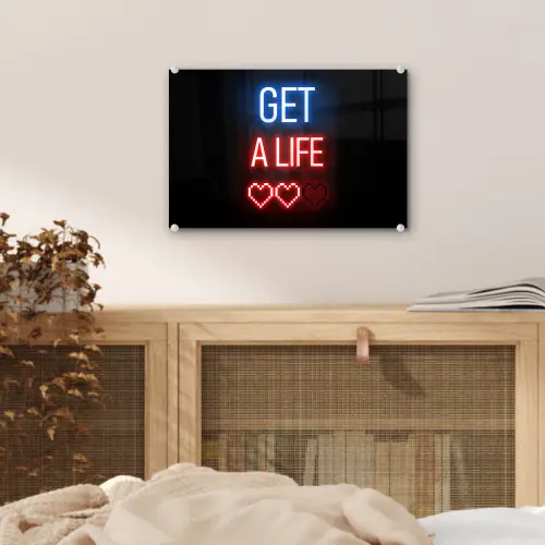Gaming - Tekst - Get a life - Neon - Zwart plexiglas 5mm klein -sfeer4
