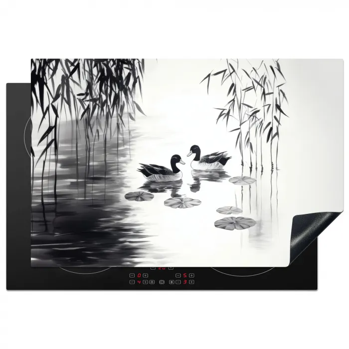 Eenden - Waterlelies - Riet - Zwart Inductie beschermer vinyl 3mm klein -3d