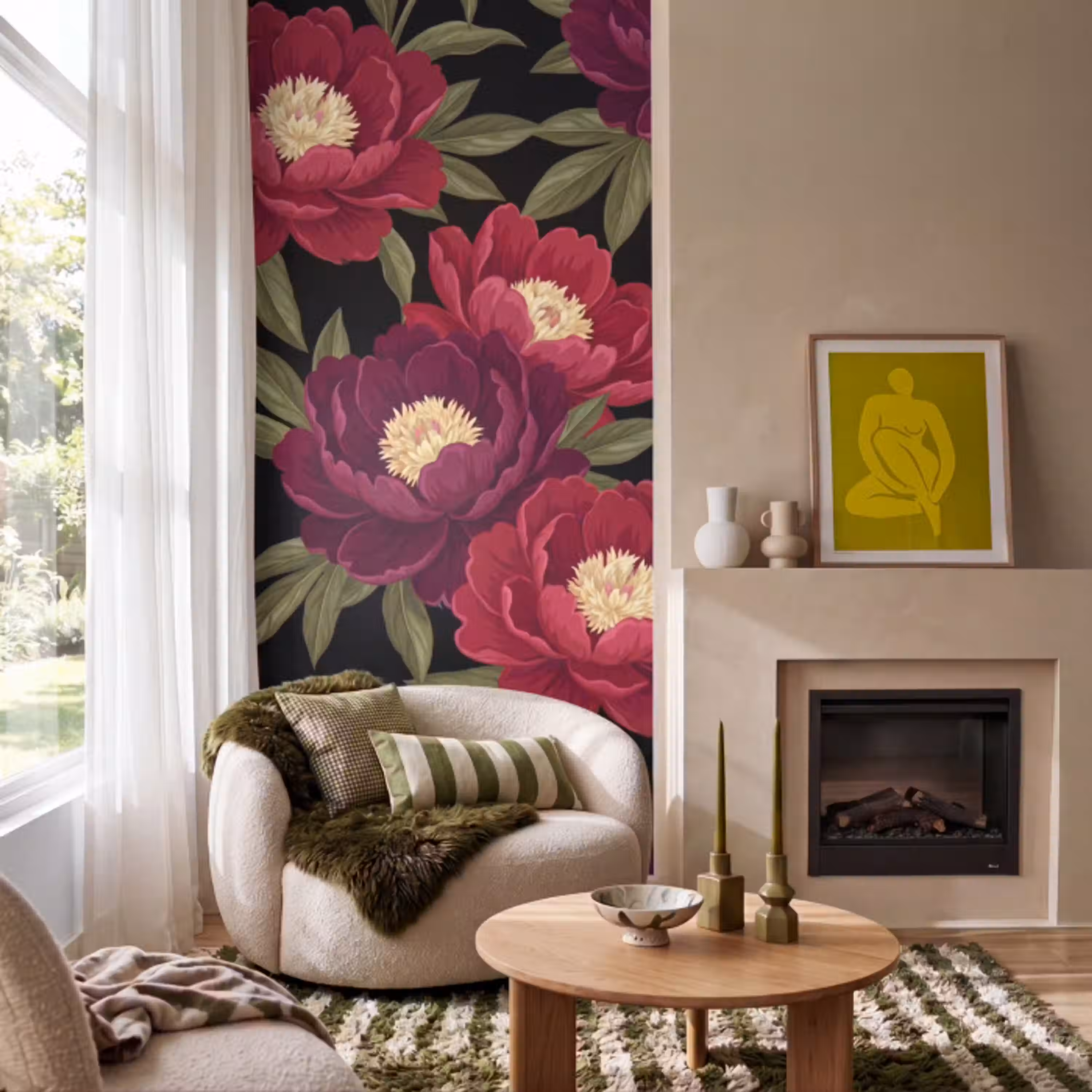 Bloemen - Patroon - Botanisch - Rood - Zwart Behang Vlies klein -sfeer2