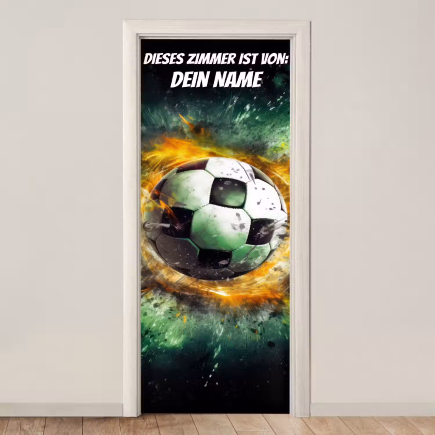 Türtapete mit Name - Explodierender Fußball mit Namensfeld.