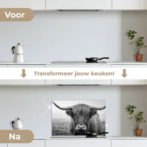 Schotse hooglander - Zwart - Wit - Gras keuken achterwand spatscherm klein -voor_na_NL