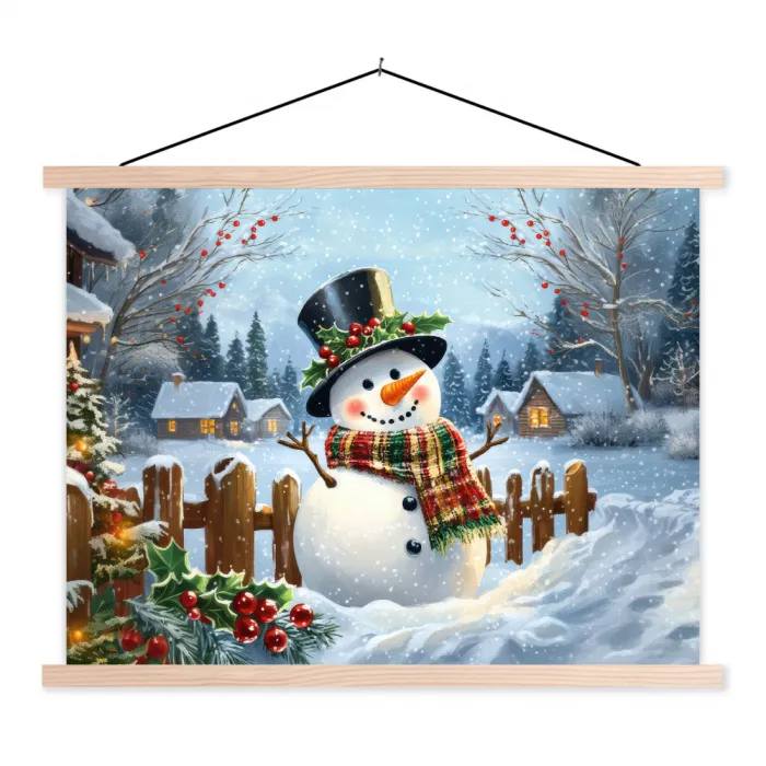 Sneeuwpop - Winterdorp - Kleurrijk textielposter latten blank klein -3d