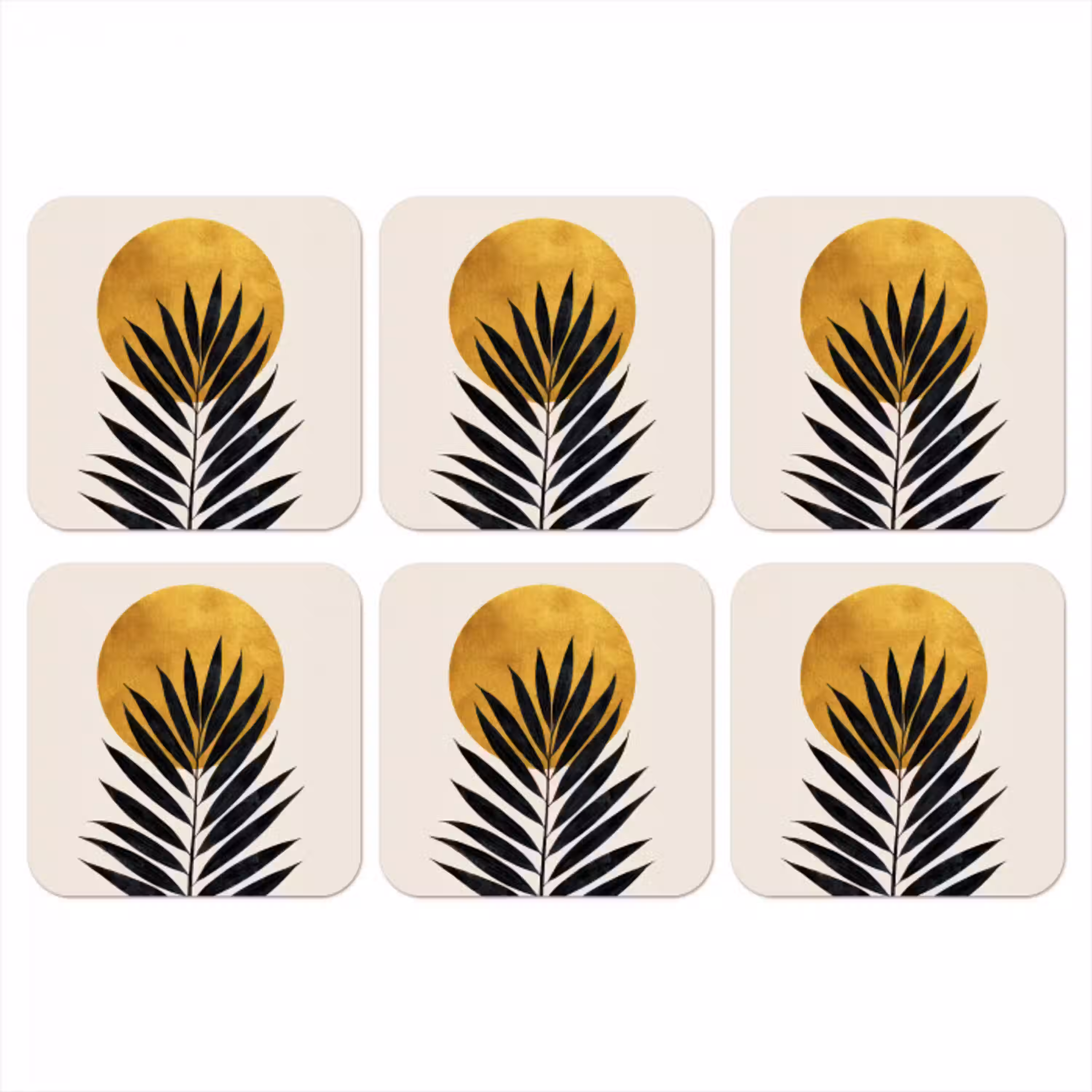 Zwart palmblad - Gouden cirkel - Beige achtergrond onderzetter kurk middel -3d