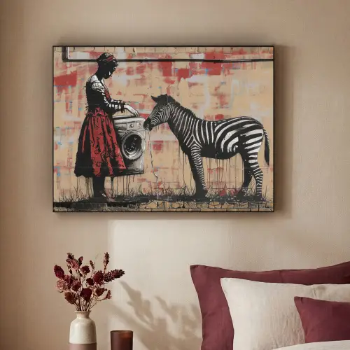 Street art - Zebra - Vrouw - Dieren - Graffiti - Banksy Style Textielframe zwart klein -sfeer1
