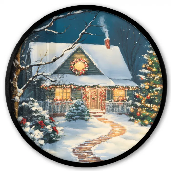Kerst - Kerstboom - Winter - Huis - Sneeuw Fotolijst rond zonder passe partout klein -3d