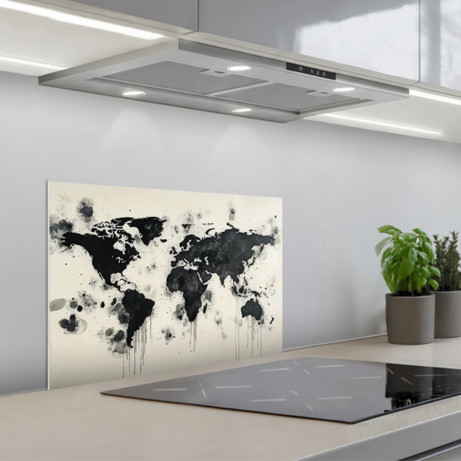 Wereldkaart - Zwart - Inkt keuken achterwand spatscherm klein -3d_schuin