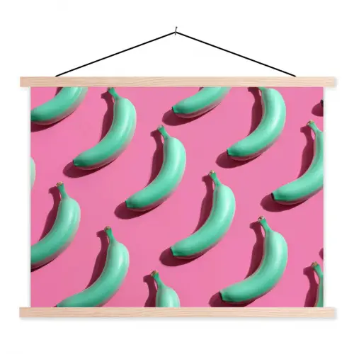 Bananen - Patroon - Blauw - Roze textielposter latten blank klein -3d