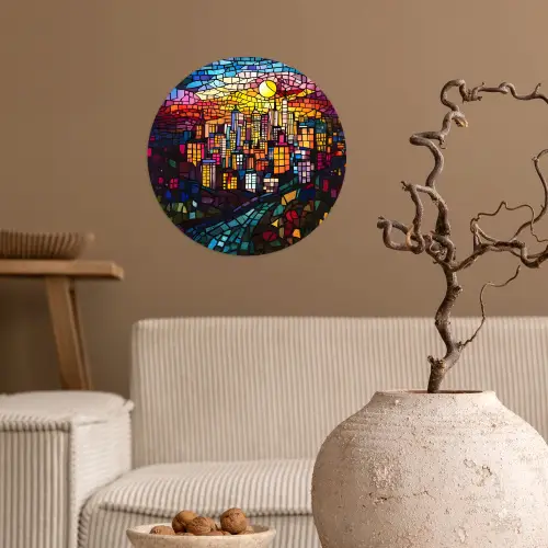 Stad - Maan - Mozaïek - Kleurrijk Wandcirkel behangsticker klein -sfeer1