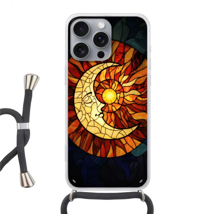 Mozaïek - Glas - Maan - Donkerblauw Hoesje iPhone 16 Pro Max met koord klein -3d