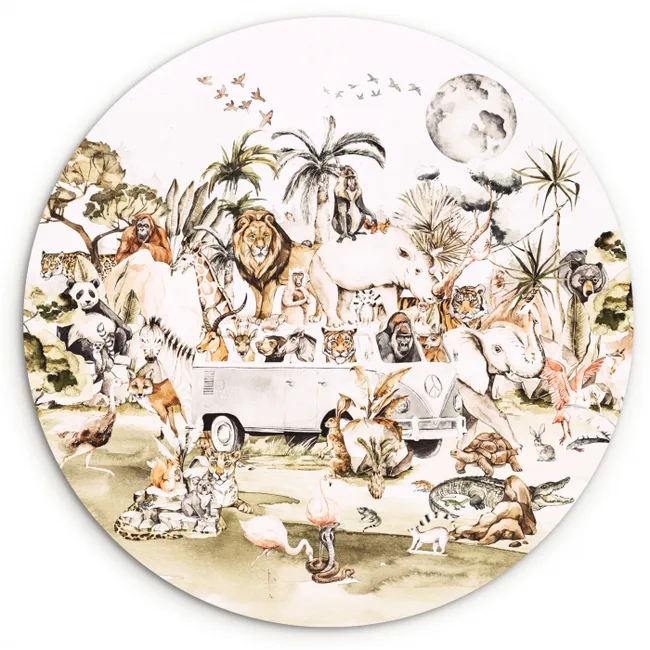 Bus - Dieren - Kinderen - Jongens - Meisjes - Palmboom Wandcirkel kunststof plaat 5mm dik klein -3d