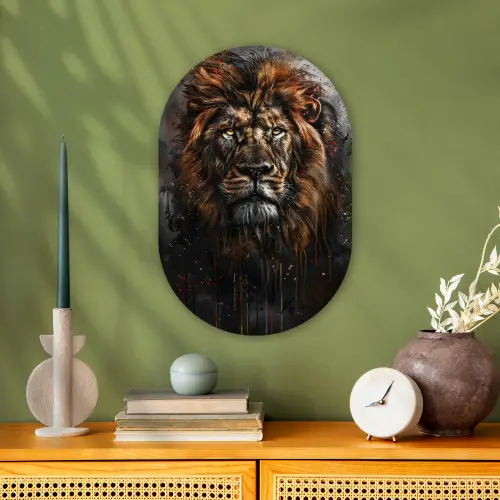 Leeuw - Dieren - Portret - Zwart - Luxe Wandcirkel Ovaal Forex klein -sfeer2