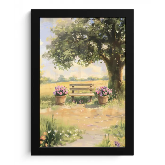 Houten bankje - Bloempotten - Landschap fotolijst zwart zonder passe partout klein -3d