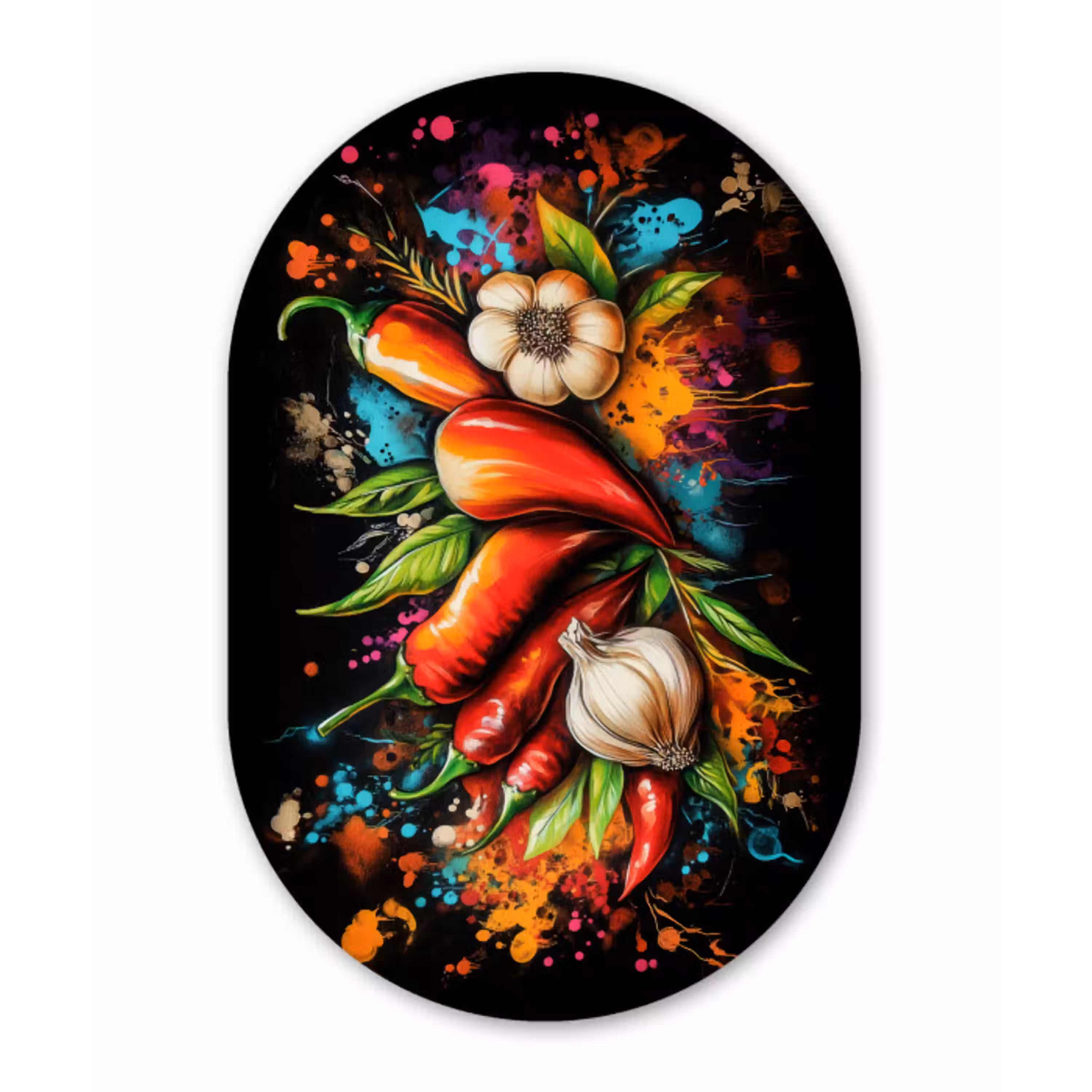 Groente - Peper - Knoflook - Graffiti - Verf - Kleurrijk Wandcirkel Ovaal Glas middel -3d