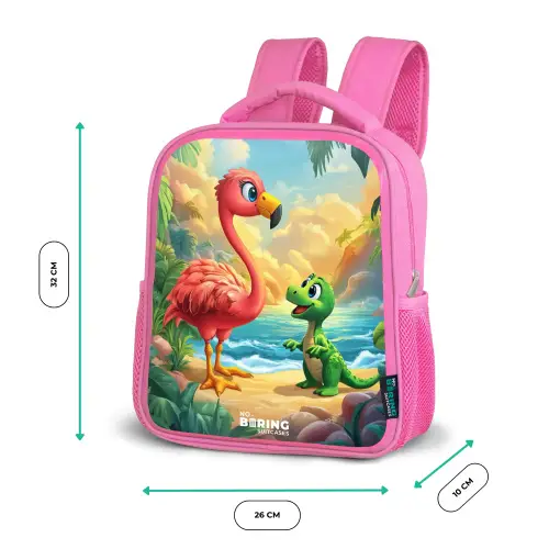 Flamingo en dinosaurus op strand bij ondergaande zon Kinderrugzak - Roze middel -productfoto_formaten