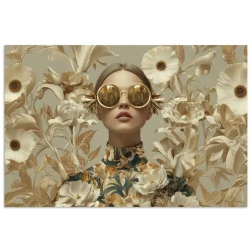 Vrouw - Bloemen - Zonnebril - Wit poster papier klein -3d