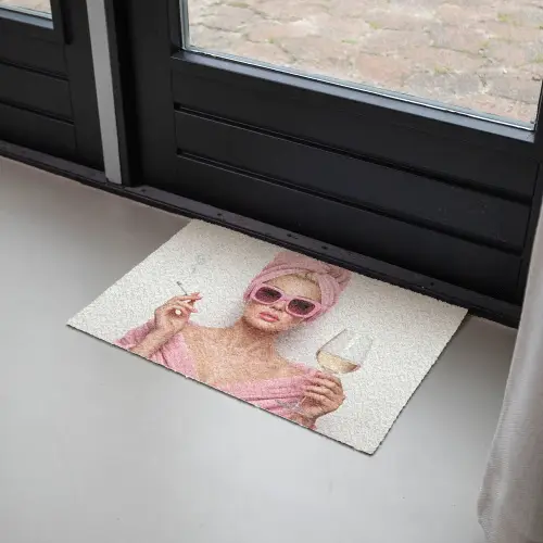 Vrouw - Roze - Wijn - Zonnebril Deurmat klein -sfeer2