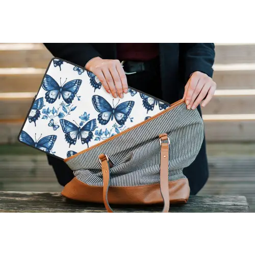Blauw - Vlinders - Bloemen - Wit laptophoes neopreen klein 279 -tas