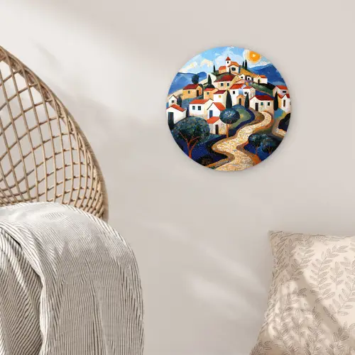 Dorp - Heuvelachtig - Zon - Mozaïek Wandcirkel kunststof plaat 5mm dik klein -sfeer5