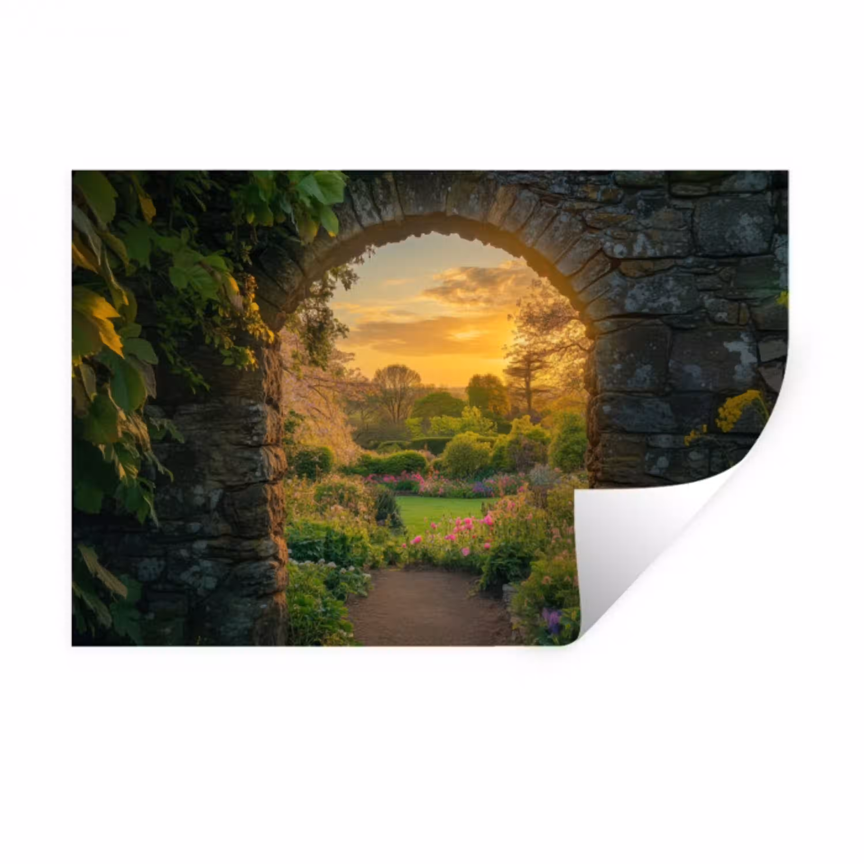 Poort - Planten - Zonsondergang Muursticker klein -3d