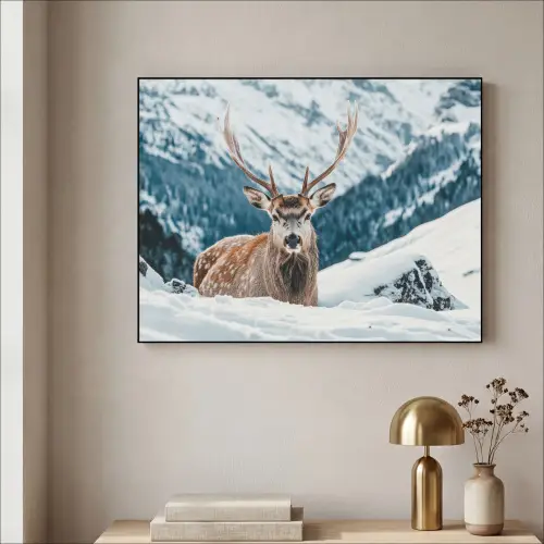 Hert - Landschap - Winter - Natuur - Dieren - Bergen Textielframe zwart klein -sfeer2