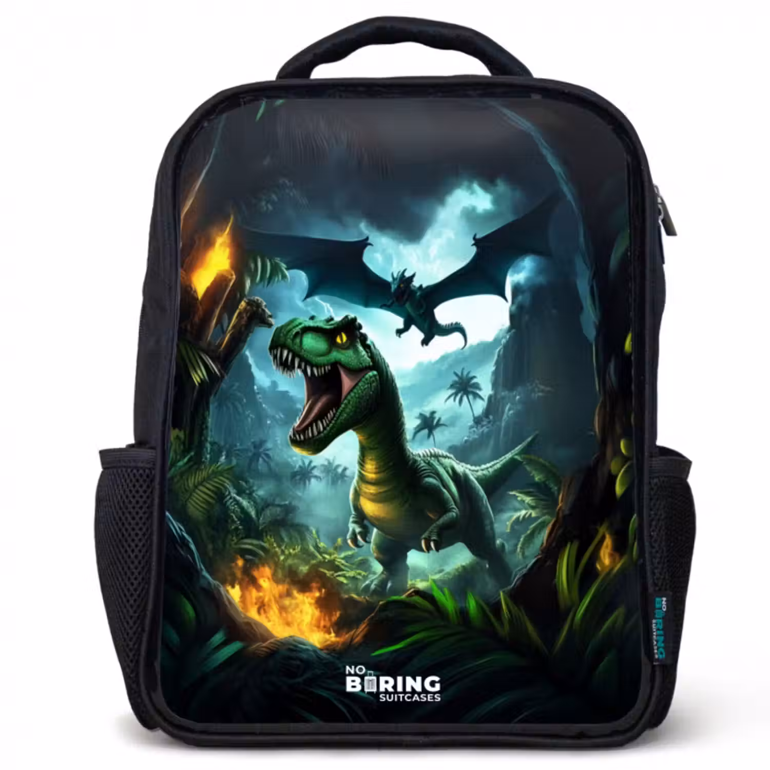 Kinderrucksack - Schwarz - Dinosaurier und Drache im feurigen Dschungeltal