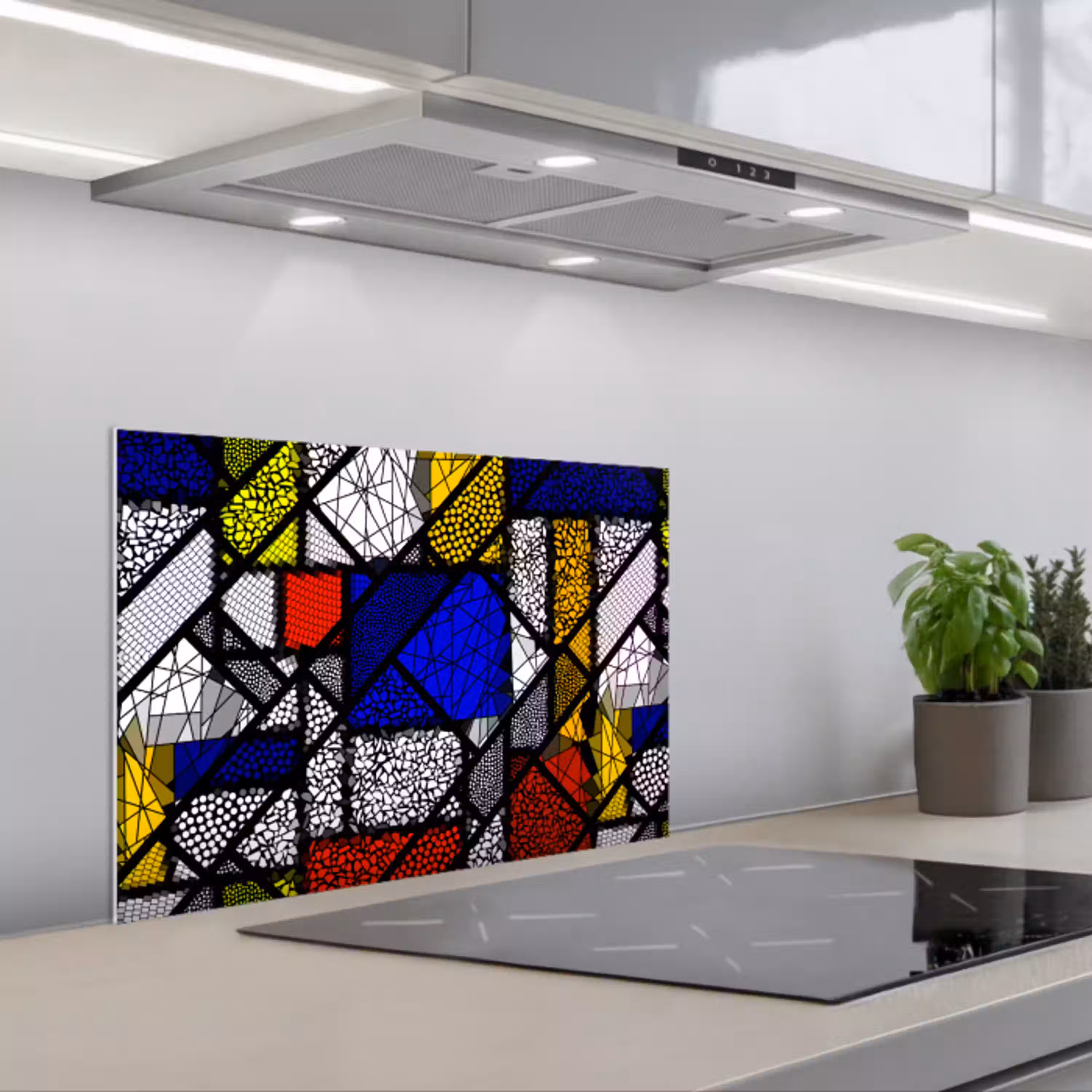 Mondriaan - Glas in lood - Oude Meesters - Kunstwerk - Abstract - Schilderij keuken achterwand spatscherm klein -3d_schuin