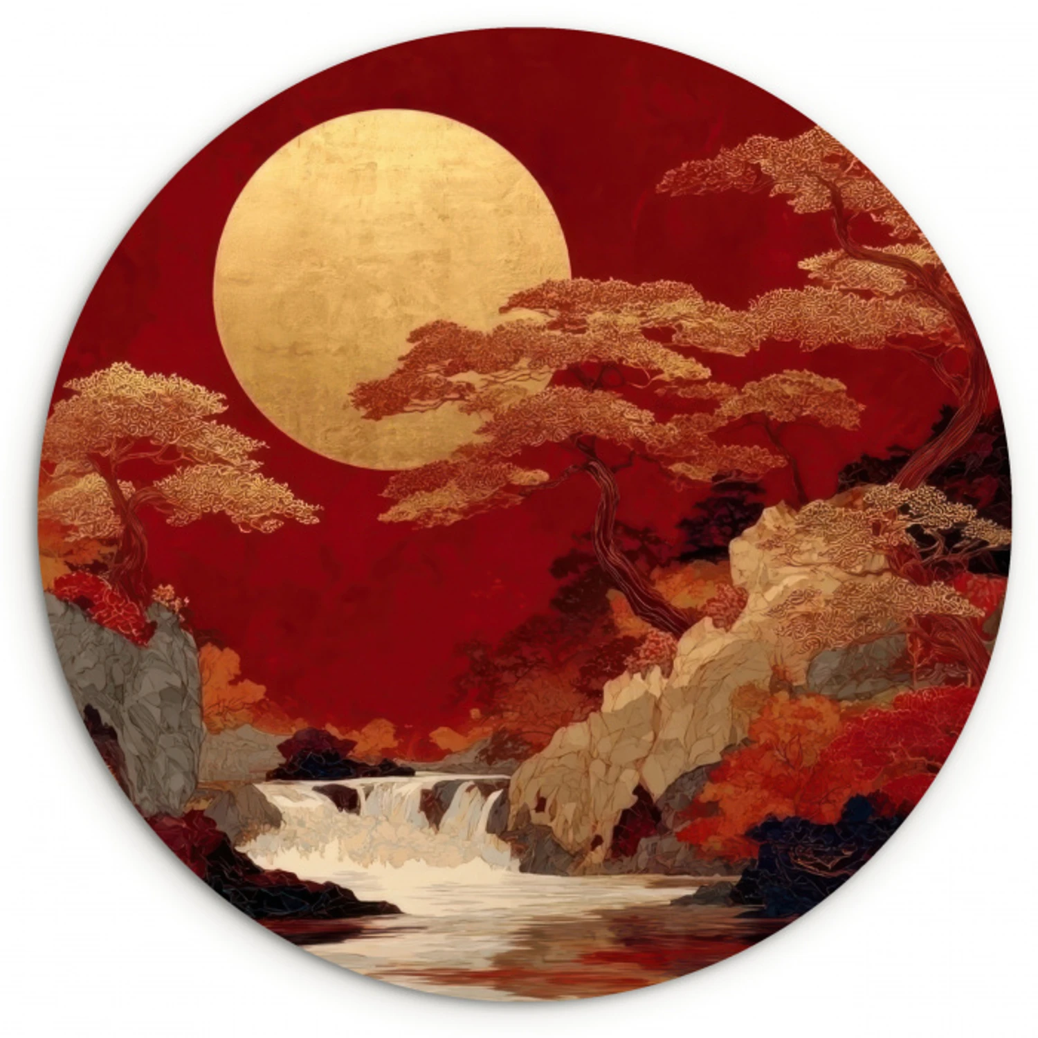 Volle maan - Landschap - Waterval Wandcirkel kunststof plaat 5mm dik klein -3d