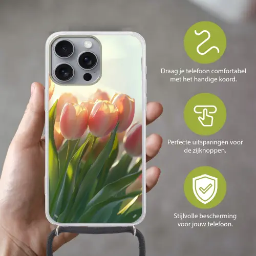Tulpen - Roze - Zonnestralen Hoesje iPhone 16 Pro Max met koord klein -sfeer2_NL