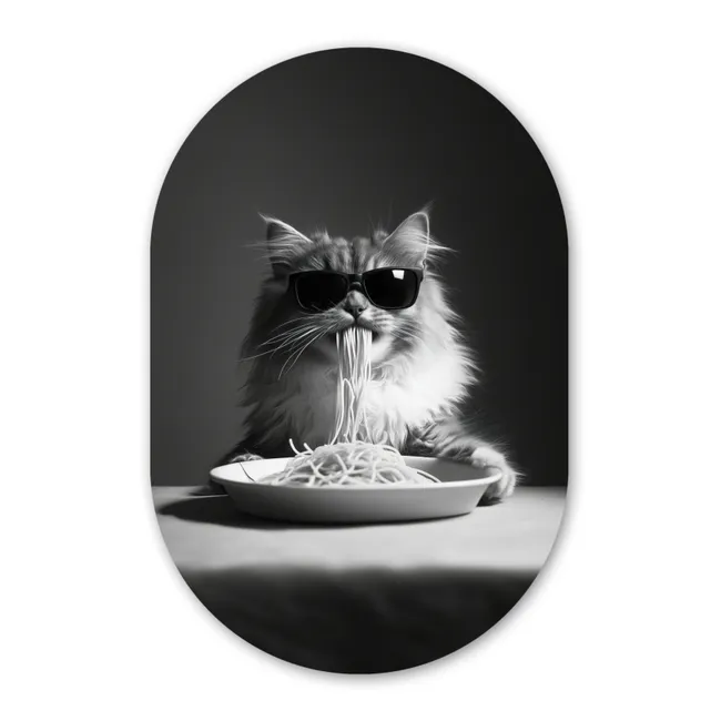 Muurovaal aluminium - Langharige kat - Zonnebril - Spaghetti - Humor - Zwart - wit