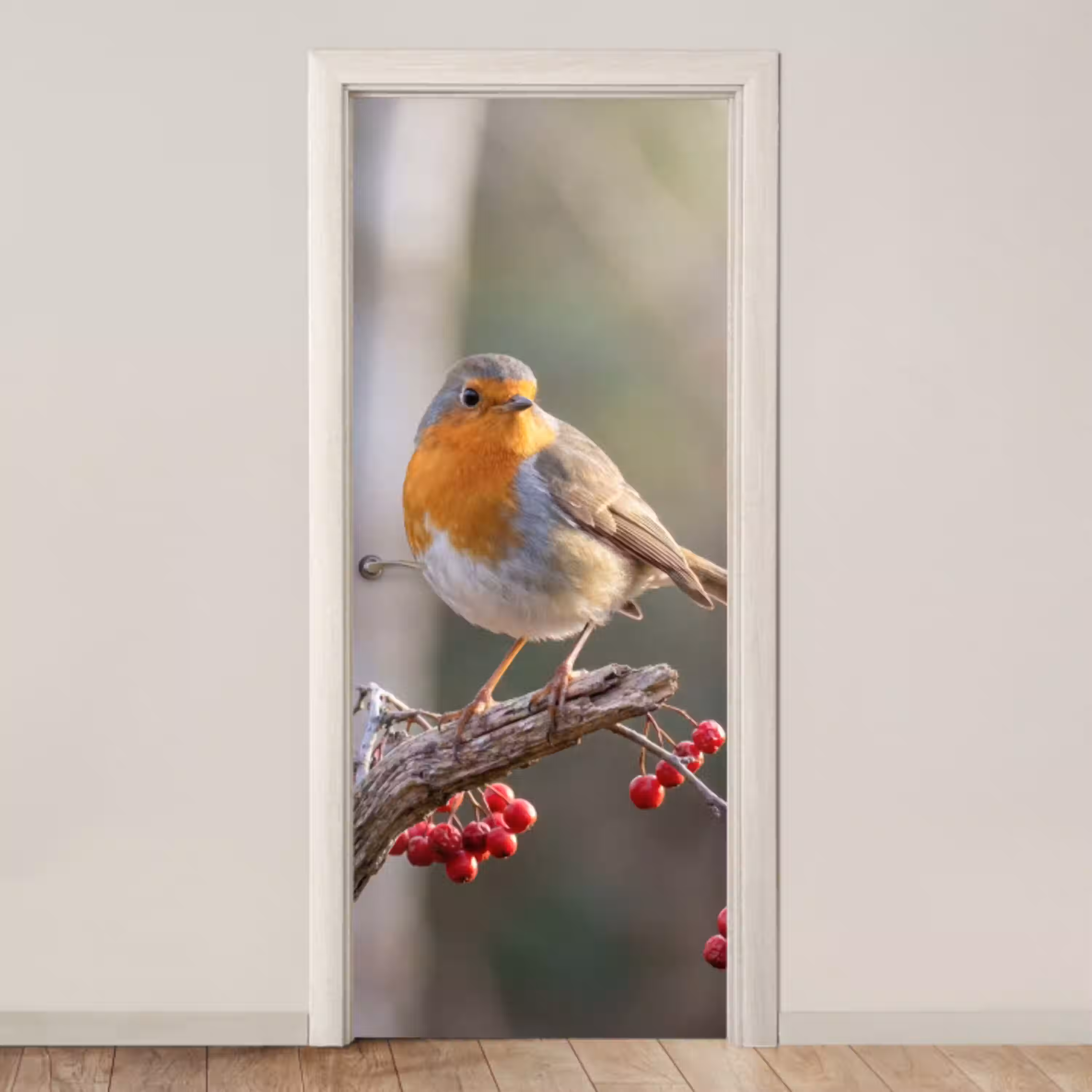 Roodborst - Tak - Bessen - Natuur deurposter klein -3d_beige