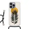 Zwart palmblad - Gouden cirkel - Beige achtergrond Hoesje iPhone 16 Pro Max met koord klein -3d