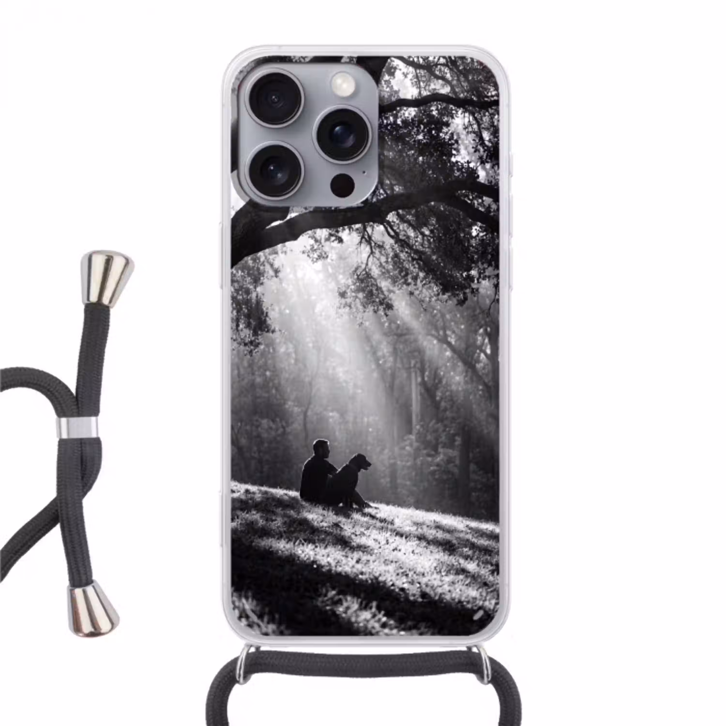 Mens - Hond - Natuur - Zwart-wit - Silhouet Hoesje iPhone 16 Pro Max met koord klein -3d
