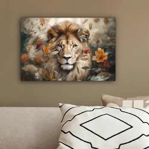 Leeuw - Wilde dieren - Planten - Natuur - Bloemen canvas 2cm klein -sfeer3