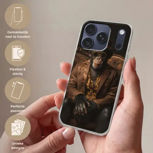 Chimpansee - Stoel - Pak - Bruin Telefoonhoesje iPhone 17 Pro klein -sfeer3_NL