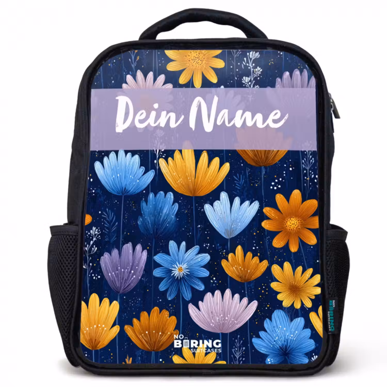 Kinderrucksack mit Namen - Schwarz - Blumen - Muster - Blau