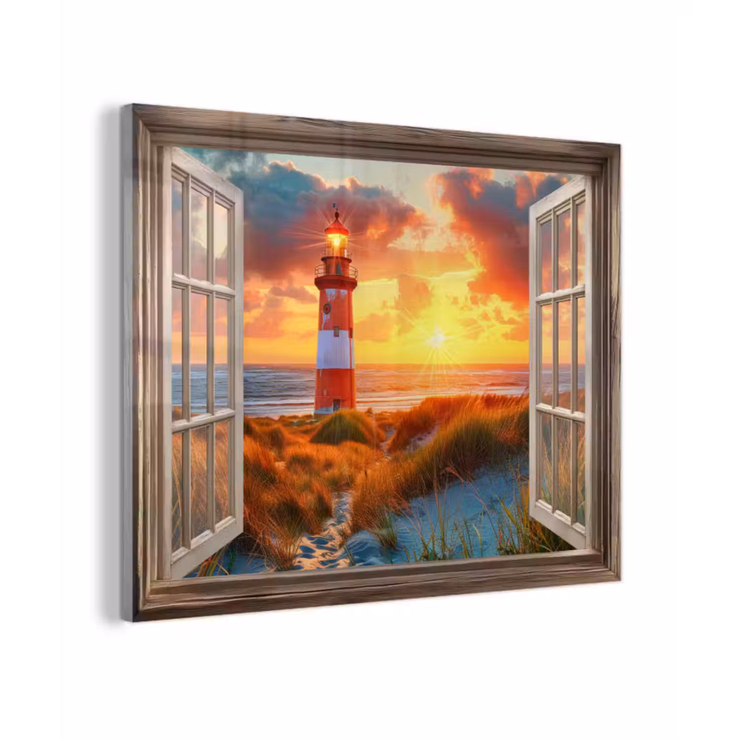 Glas schilderij - Doorkijk - Raam - Vuurtoren - Zonsondergang - Strand