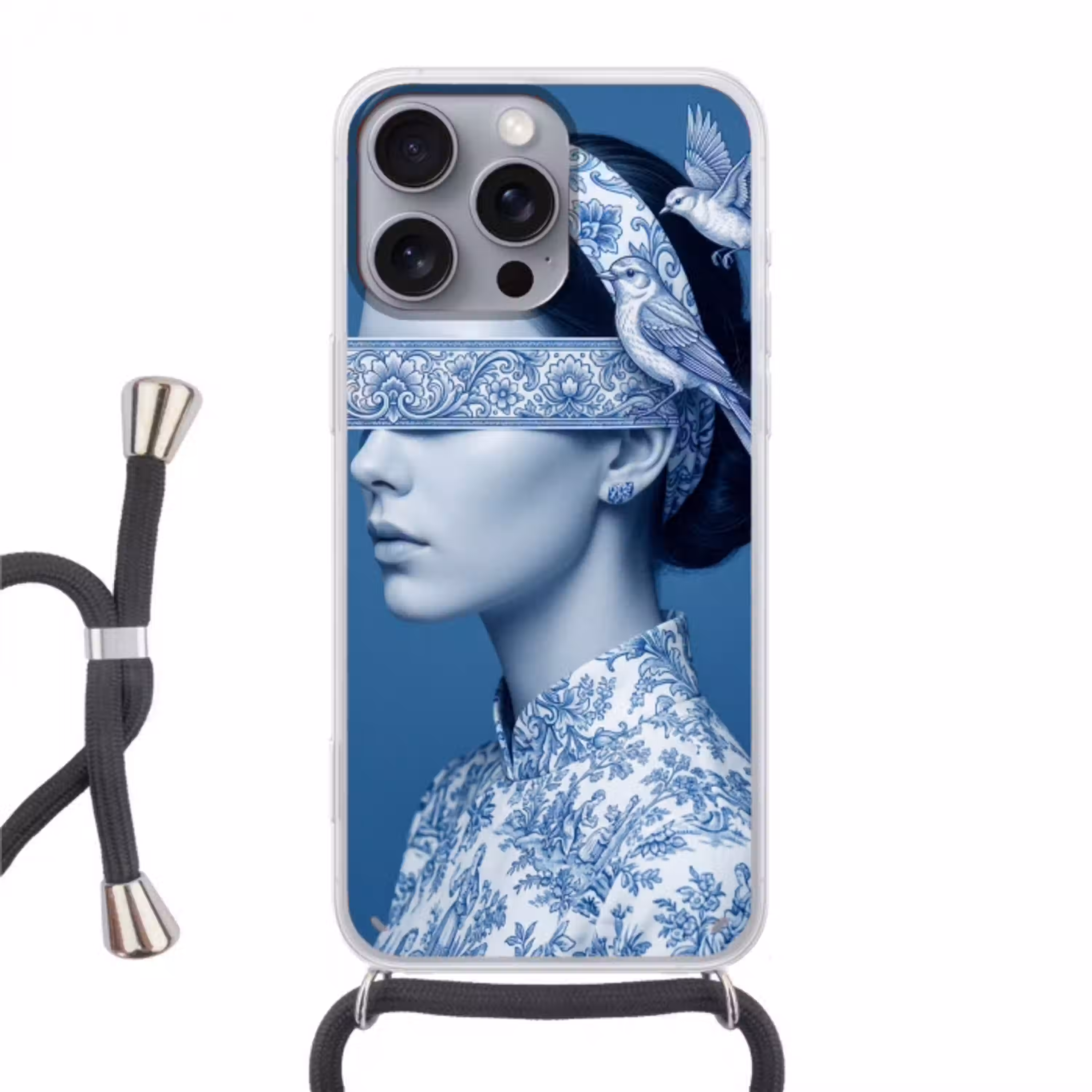 Portret - Klassiek - Wit - Blauw Hoesje iPhone 16 Pro Max met koord klein -3d