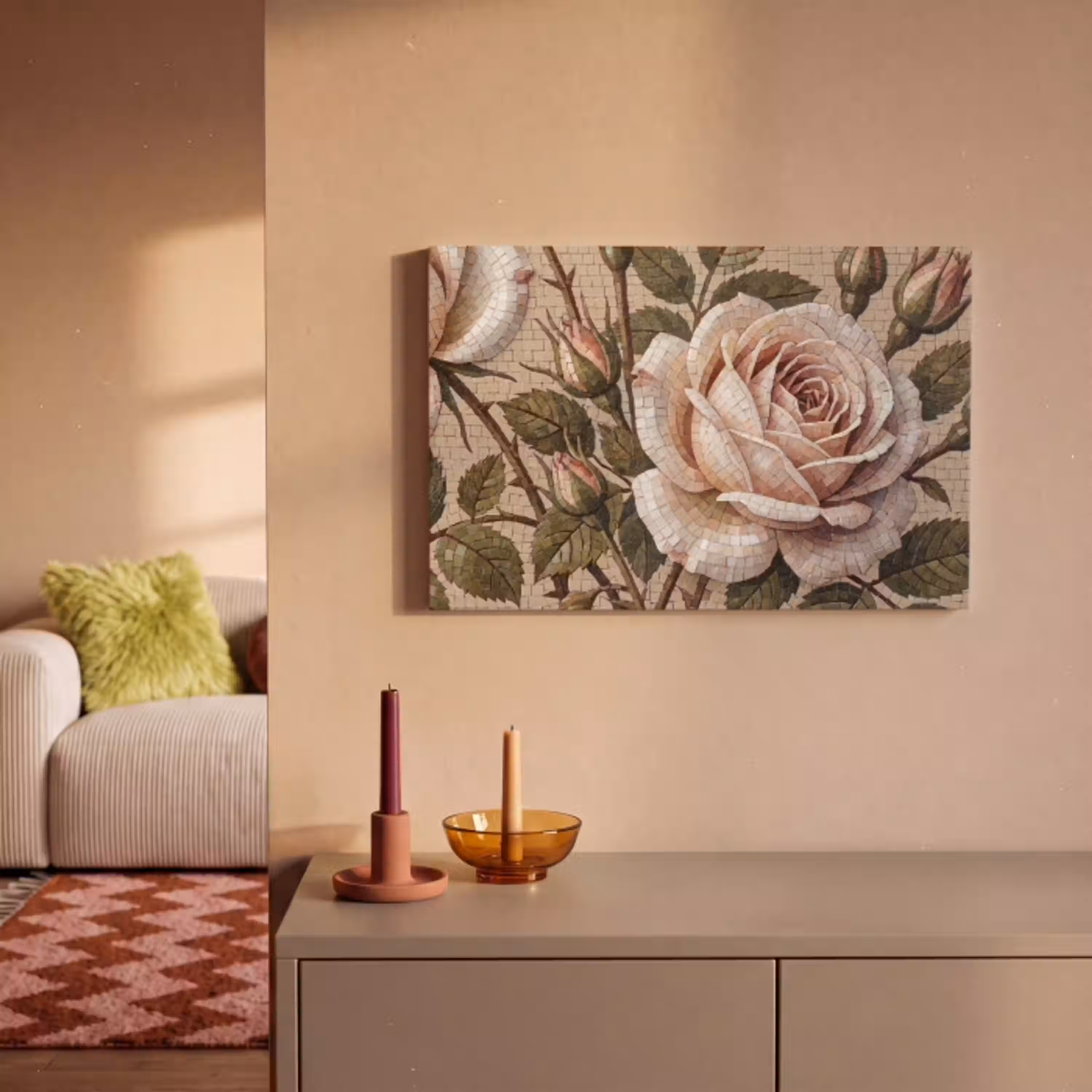 Roos - Mozaïek - Bloemen - Klassiek - Beige canvas 2cm klein -sfeer1
