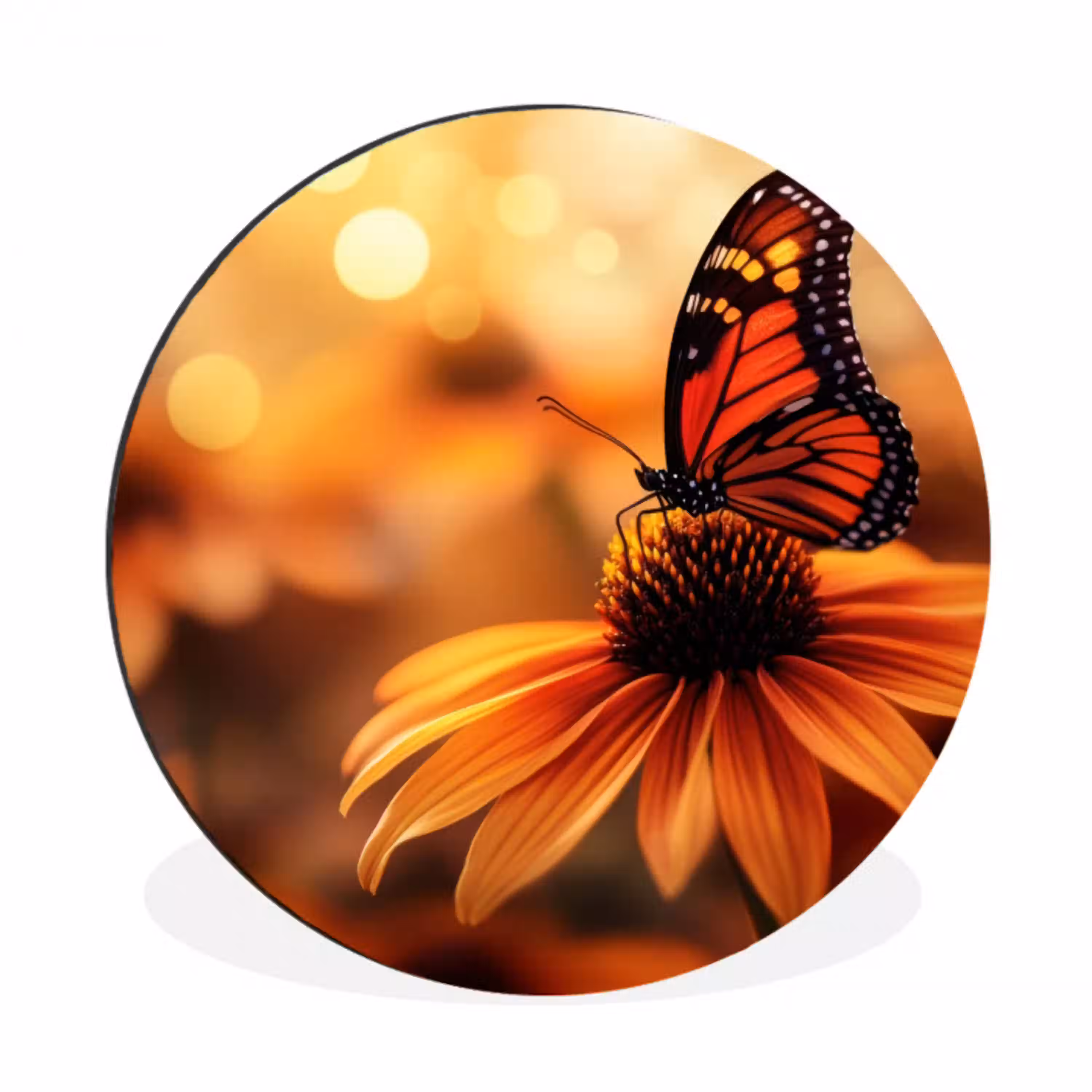 Vlinder - Bloemen - Oranje Wandcirkel aluminium klein -3d