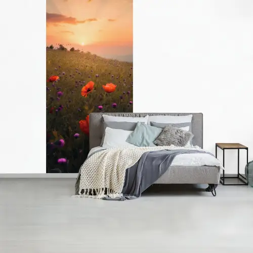 Bloemenveld - Gras - Bloemen - Planten - Zonsondergang - Oranje fotobehang vinyl groot -slaapkamer