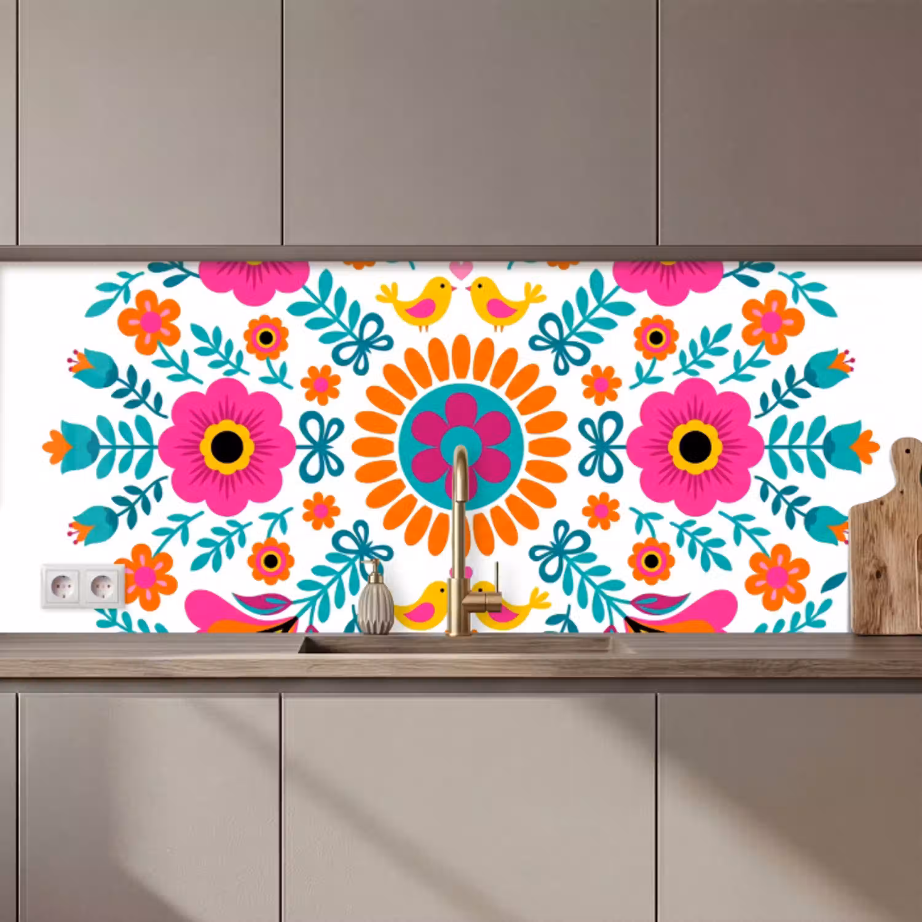 Bloemen - Vogel - Patroon - Kleurrijk - Modern keuken achterwand 2 middel zz_3dshopping