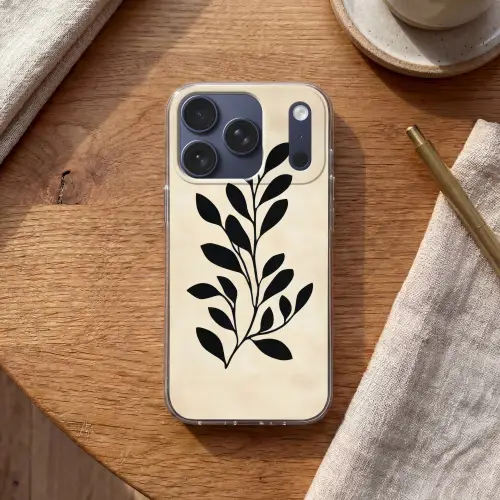 Minimalistisch - Tak - Bladeren - Zwart Telefoonhoesje iPhone 17 Pro klein -sfeer1