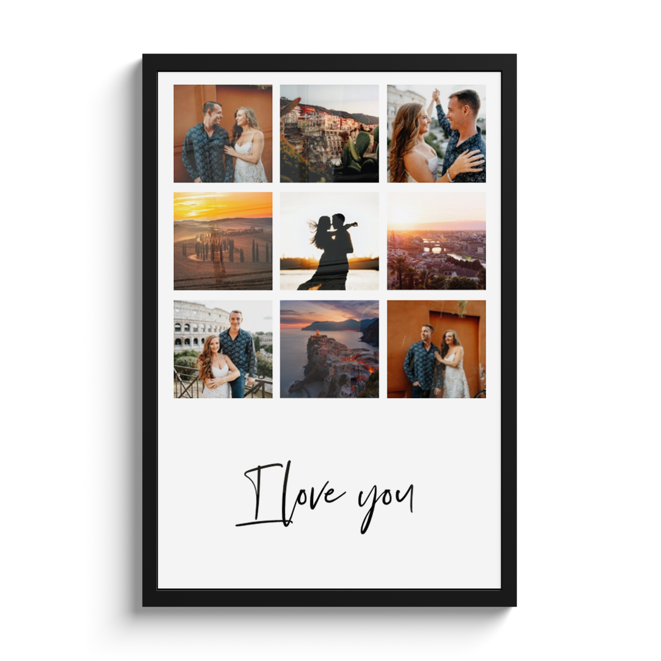 Een fotocollage in lijst met de tekst 'I love you'.