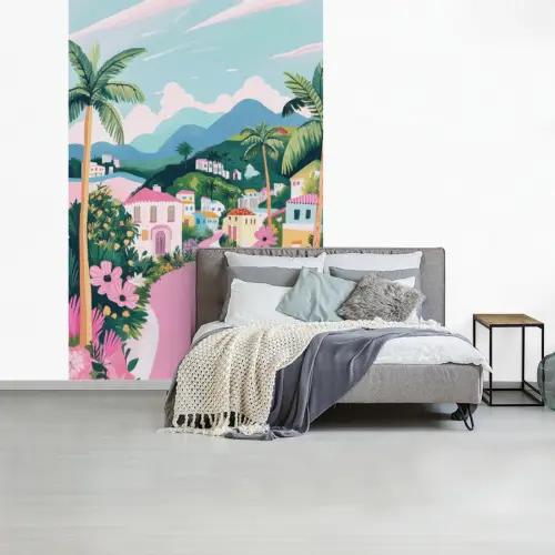 Kleurrijk - Huizen - Heuvels - Roze fotobehang vinyl groot -slaapkamer