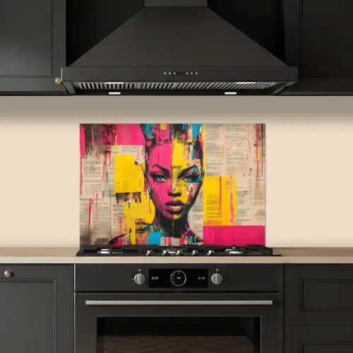 Vrouwengezicht - Krantenpapier - Abstract - Roze keuken achterwand spatscherm klein -sfeer1